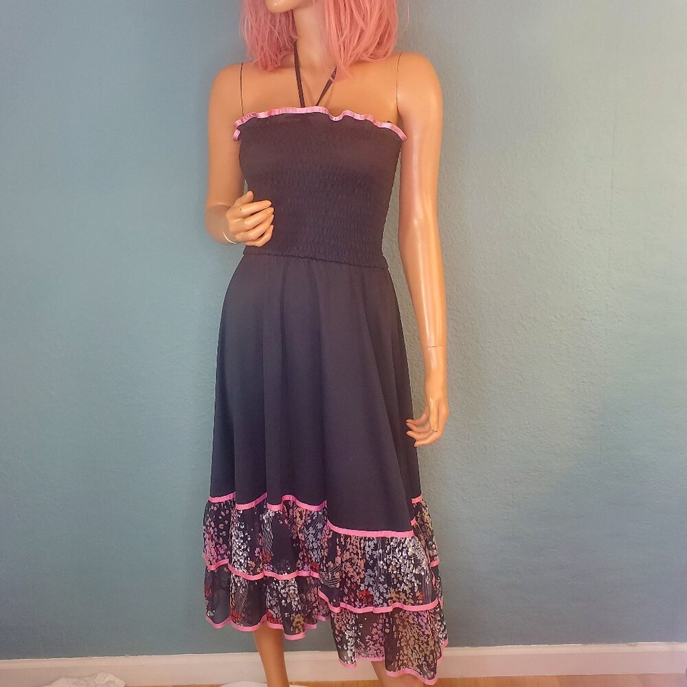 70s Vintage Halter Tube Smocked Disco Dress Full Ruffled Skirt Black/Pink Med